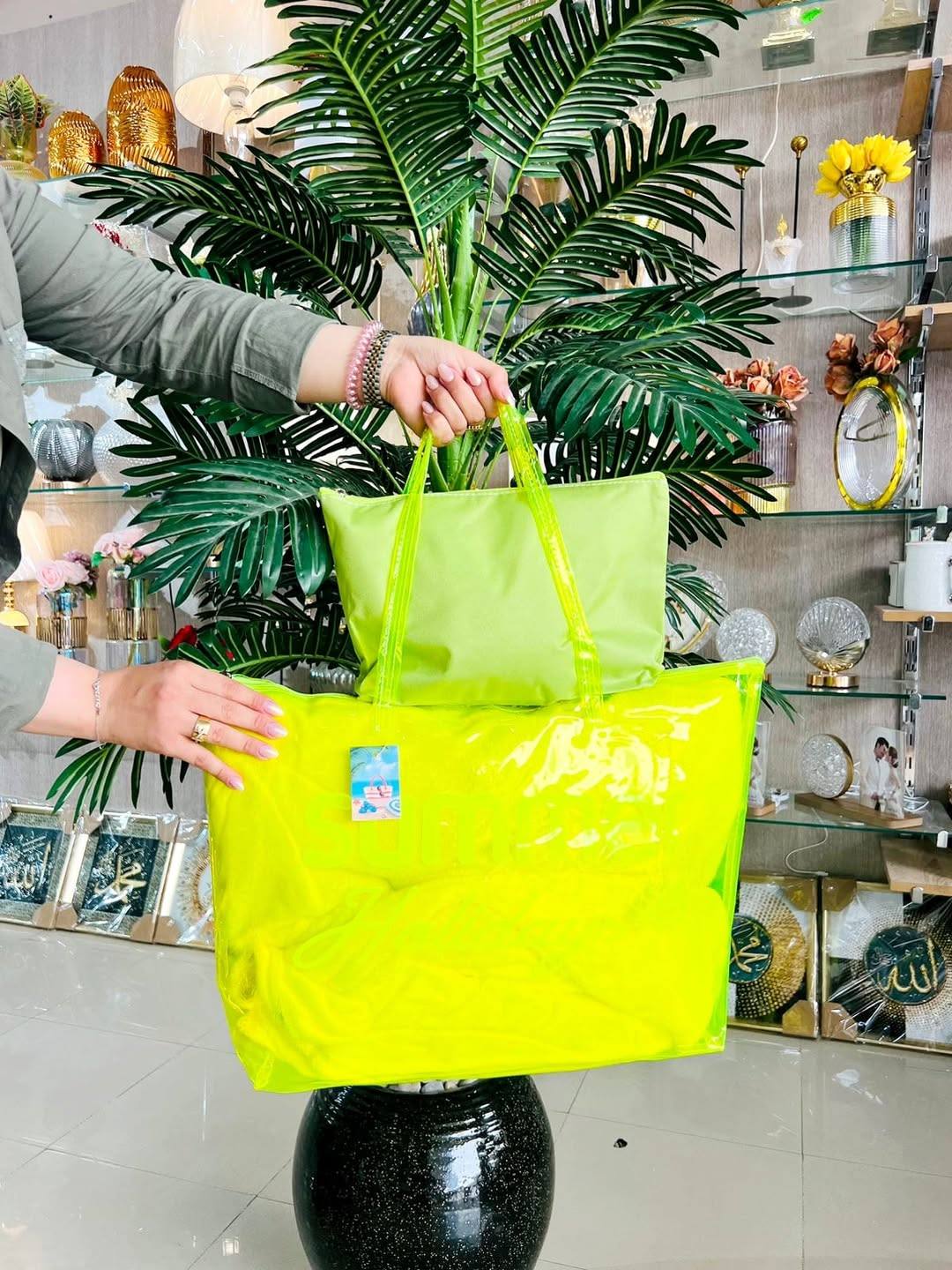 Sacs Plage Transparente & Pochette Intérieure – Vert Fluo