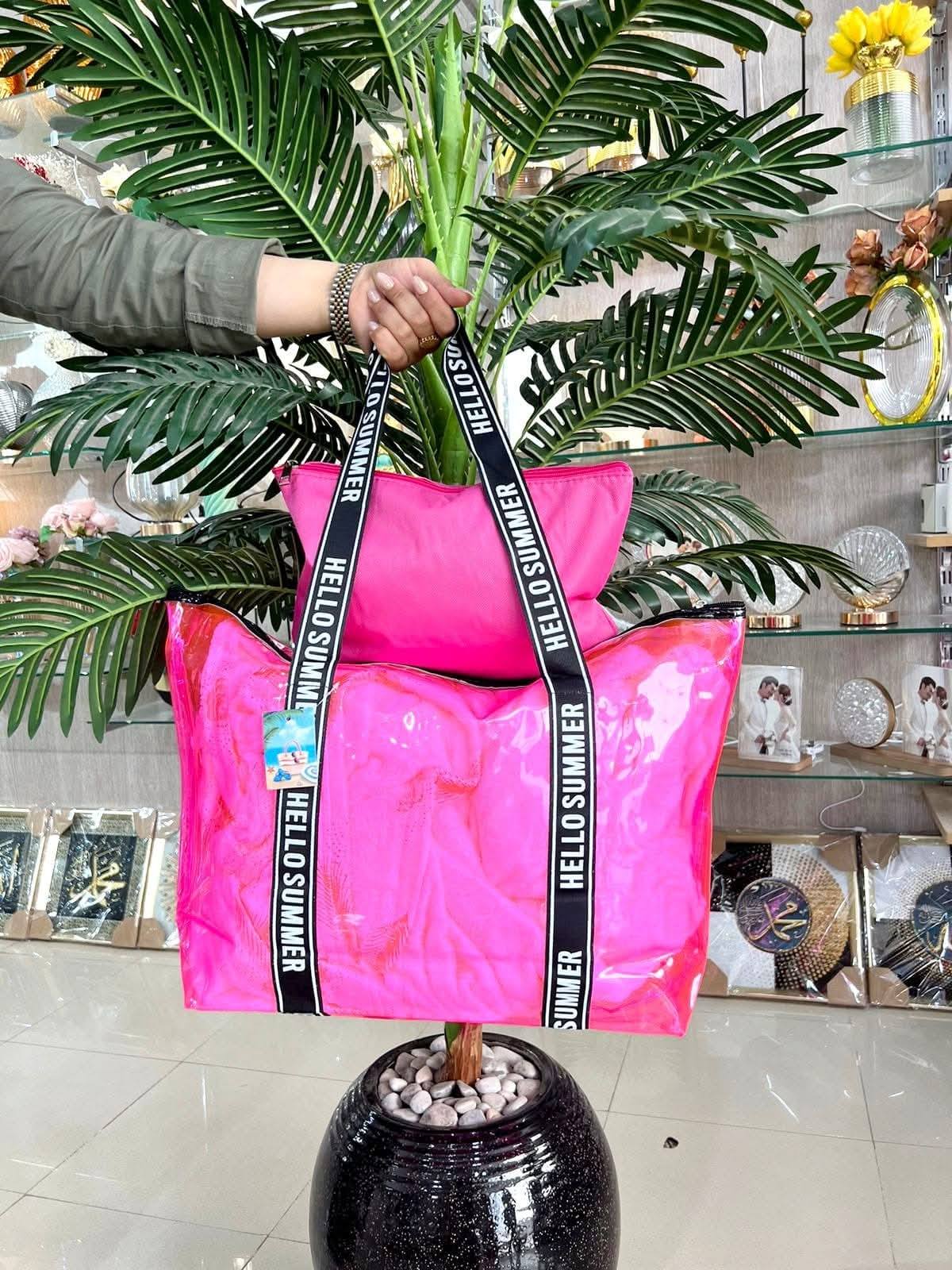 Sacs Été HELLO SUMMER – Rose Fluo Transparent avec Pochette
